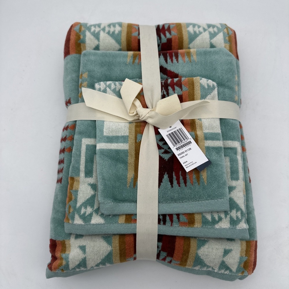Pendleton Home 3 Piece Towel Set 100% Cotton Aztec Western Aqua -NWT